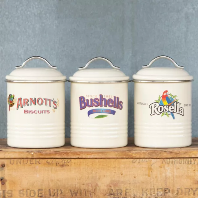 Canisters, set of three Australian icon advertising brands, cream