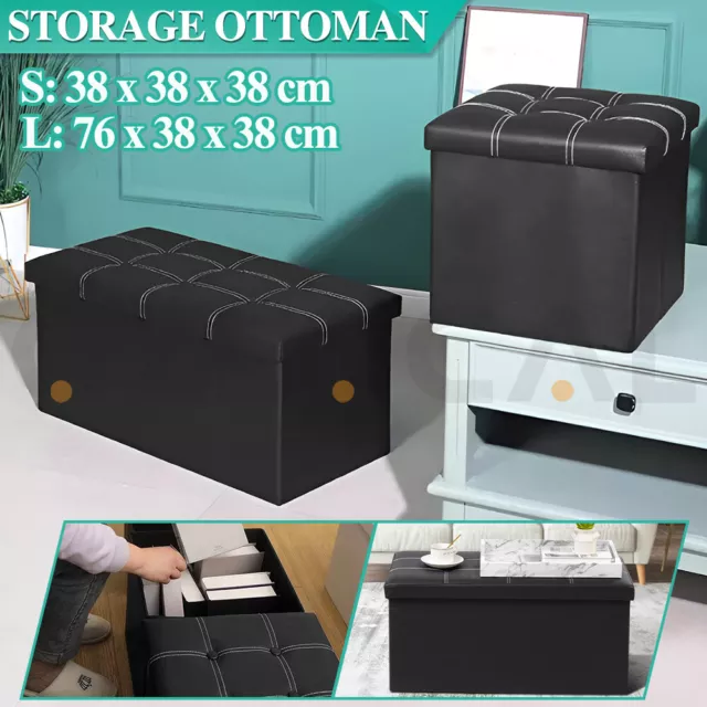 Folding Ottoman Storage Cube Footstool Stool Blanket Pouf Seat Bench Linen Black