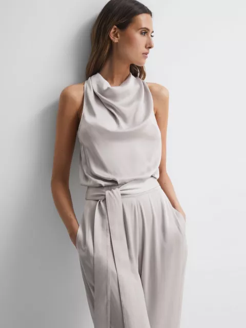 New REISS Rose Metallic Sleeveless Cowl Neck Jumpsuit Neutral - Women’s UK10/US6 3