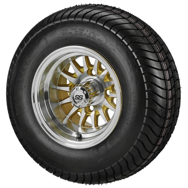 (4)Golf Cart 205/65-10 DOT Tires on 10x7 Machined/Gold 14-Spoke Wheels