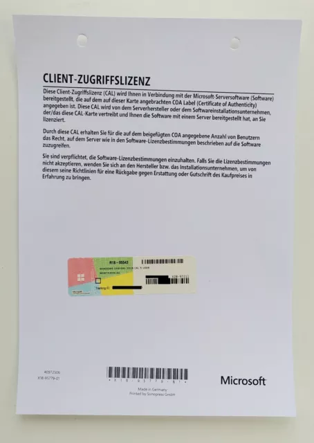 5 CAL USER (Benutzer) für Microsoft Windows 2019 Server Standard Client