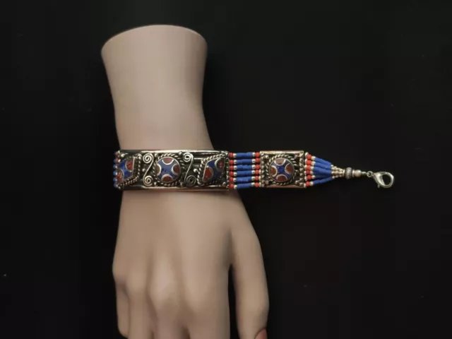 Asian Sterling Silver Bracelet women Tibetan Jewelry beautiful Coral Lapis B5 3