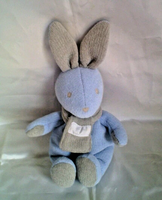 Doudou peluche lapin tricot bleu gris écharpe Tartine et Chocolat en état neuf