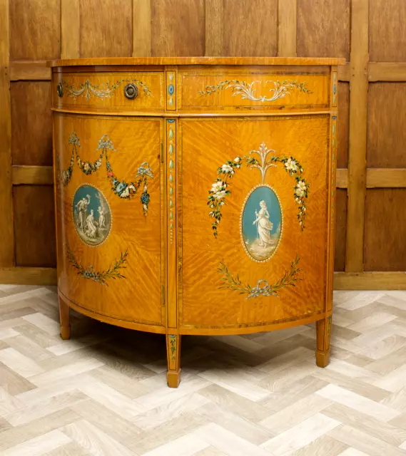 Antique Satinwood Painted Demi Lune Cabinet - Edwardian Era Sheraton Style