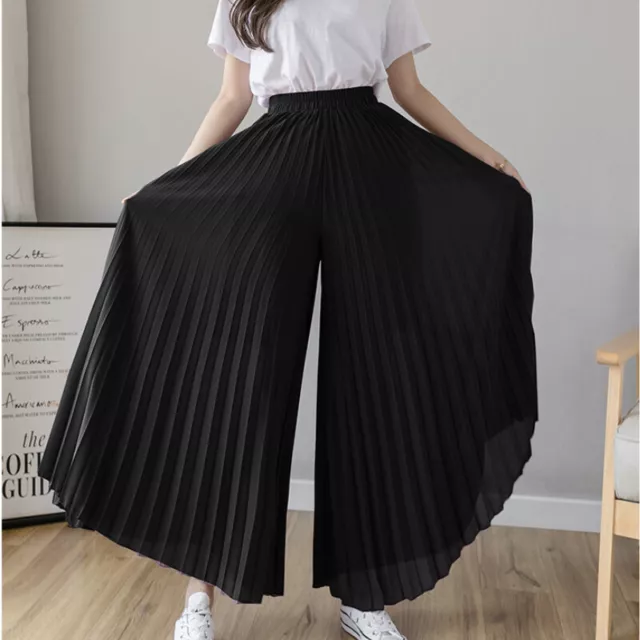 Summer Lady Chiffon Pleated Wide-Leg Trouser Skirt Pants OL Culottes Casual Chic