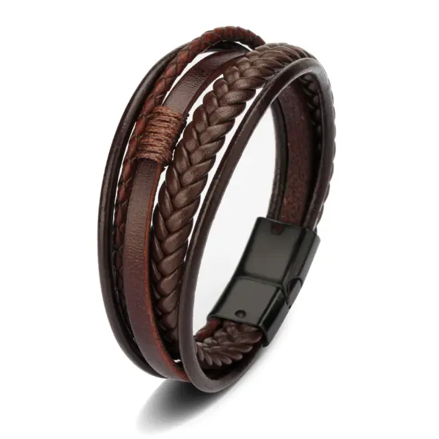 Bracelets en cuir véritable de 21 cm pour hommes, tresse multicouche en acier.
