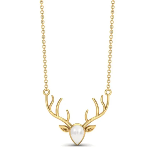 Pear Shape Natural Pearl 10k Yellow Gold Realistic Stag Head Face Women Necklace