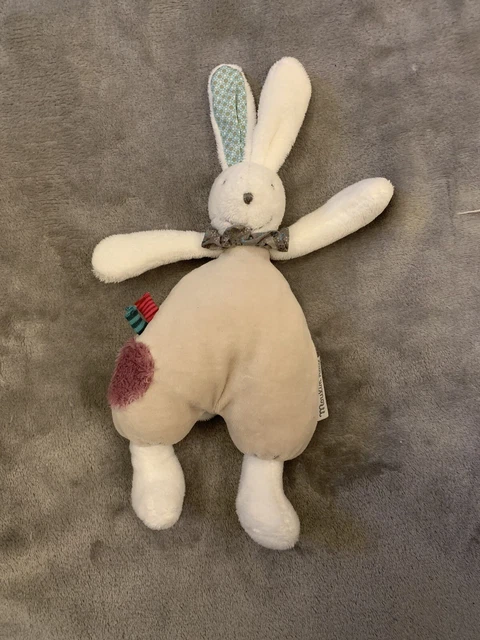 0/Doudou hochet grelot Lapin blanc et beige Luc & Léa Moulin Roty rond mauve TBE