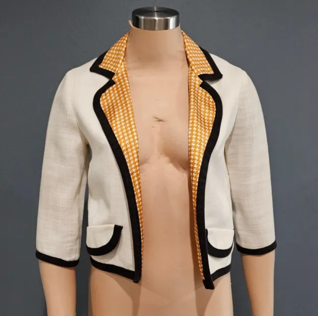 Vintage JONATHAN LOGAN Ivory Houndstooth Bolero Cropped Open Jacket XS