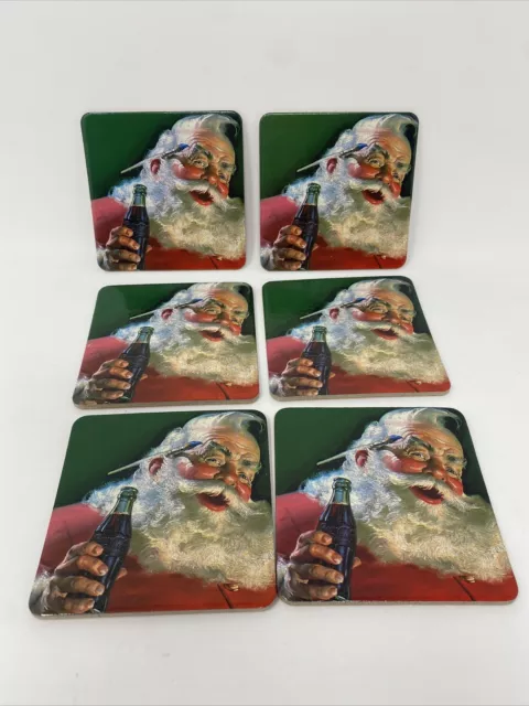 Santa Holding Coca Cola Bottle Set of 6 Holiday Christmas Cork Back Coasters