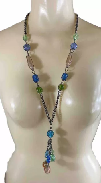 Vintage Caged Glass Bead Silver Tone Necklace Pink Green Blue