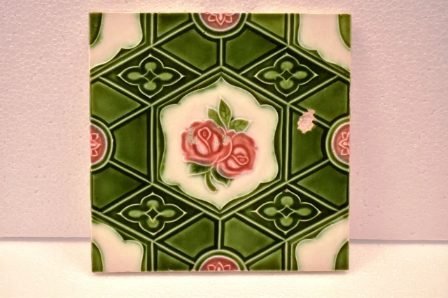 Antique Tile Japan Majolica Art Nouveau Porcelain Floral Rose Geometric Rare"J56
