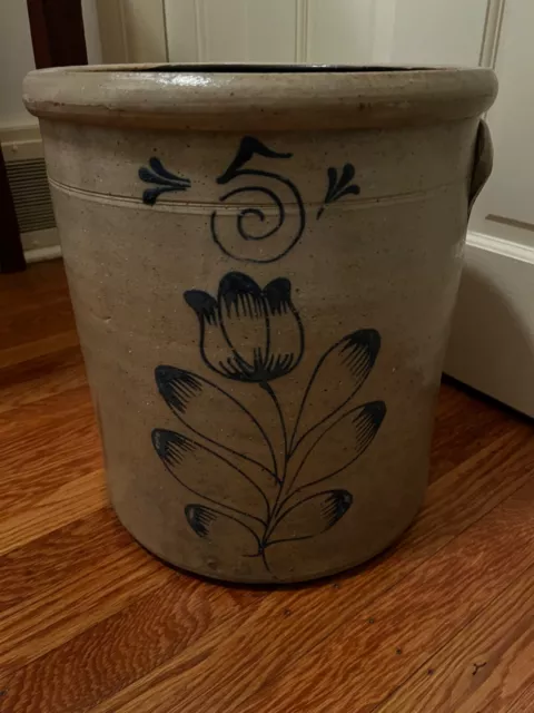 Very rare antique 5 gallon  salt glazed stoneware crock w/ cobalt blue tulip