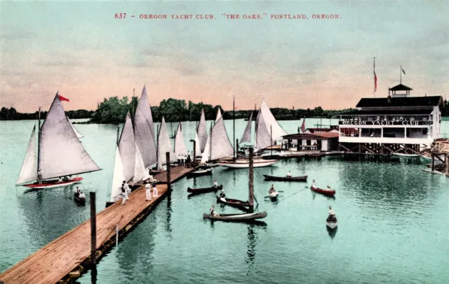 Portland OR The Oaks Oregon Yacht Club Old Postcard View Sail boats Dock 1910s
