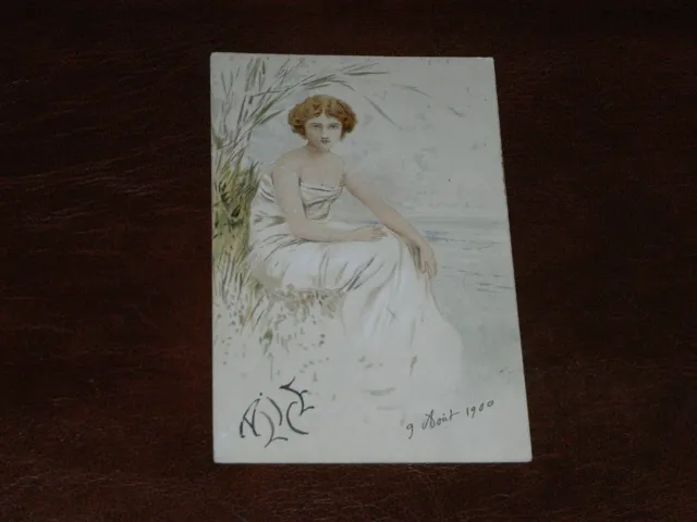 ORIGINAL ART NOUVEAU GLAMOUR POSTCARD - YOUNG WOMAN SEATED NEAR SEA, c1900.