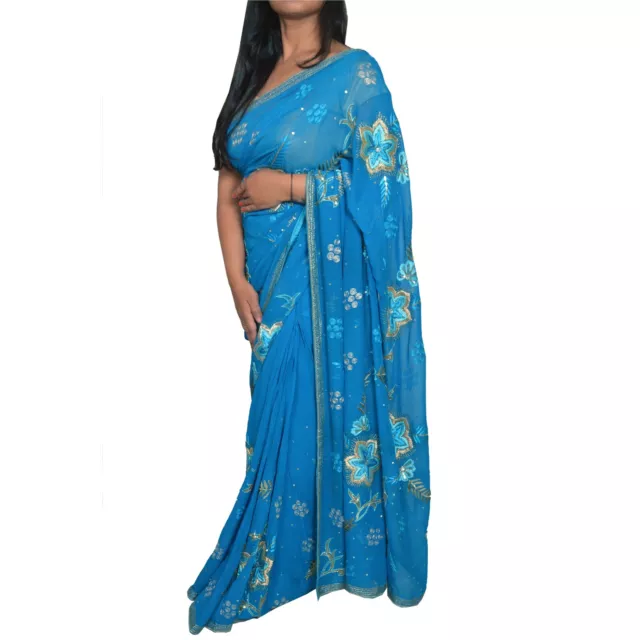 Sanskriti Vintage Blue Sarees Pure Georgette Hand Beaded Lehenga Sari Fabric