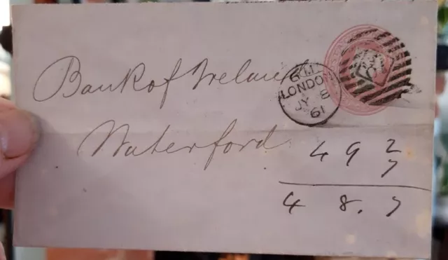 GB 1861 QV 1d Pink Postal Stationery Vertical Oval Duplex-see full desc.Ref May3