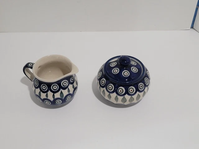 Boleslawiec Polish Pottery Creamer Pitcher Covered Sugar Bowl Peacock Spot Dot