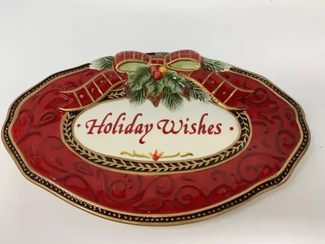 Fitz and Floyd Damask Holiday Small Christmas Platter Holiday Wishes red gold