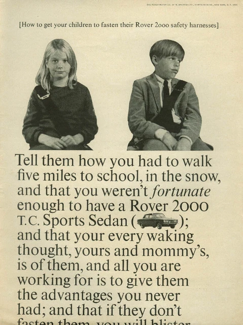 How to get children to fasten their Rover 2000 safety harnesses ad 1967