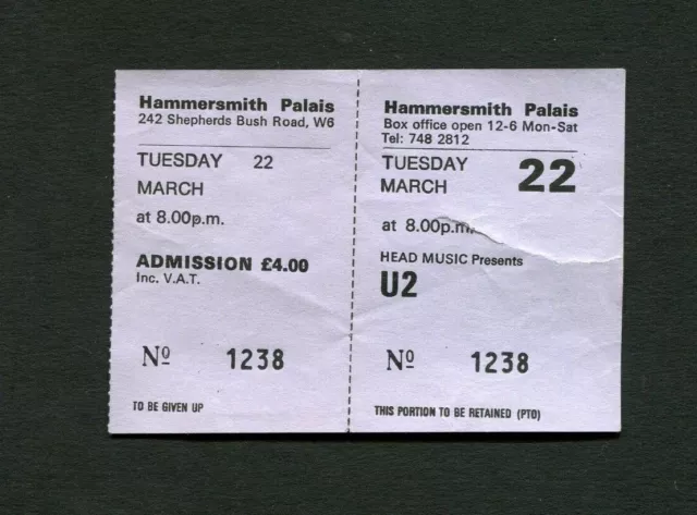 Original 1983 U2 The Alarm Unused Concert Ticket London UK War Tour