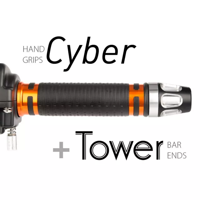 KiWAV Motorcycle Cyber Grips Orange with Tower Bar Ends Silver/Silver