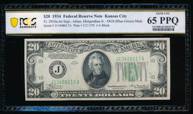 AC Fr 2054-J 1934 $20 Kansas City PCGS 65 PPQ uncirculated