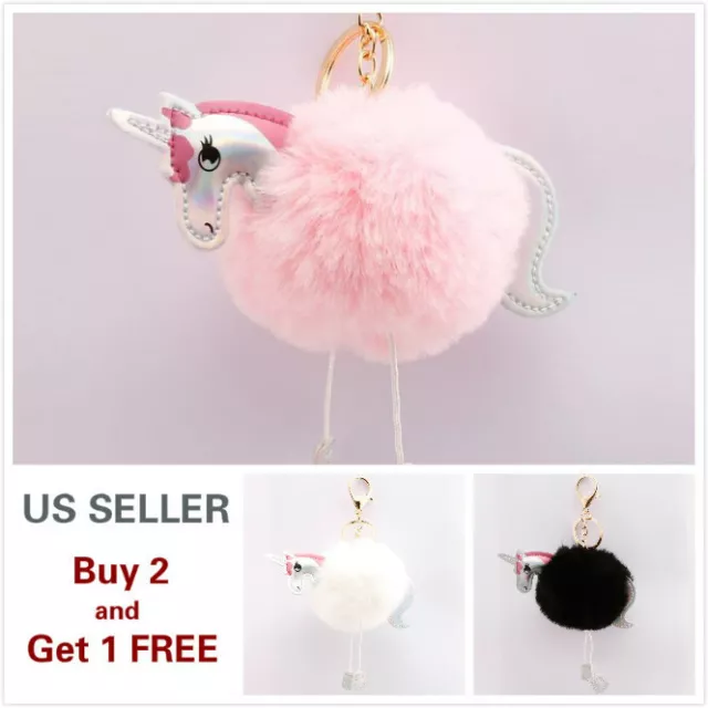 Soft Cute Unicorn Rabbit Fur Ball PomPom Cell Phone Car Handbag Keychain