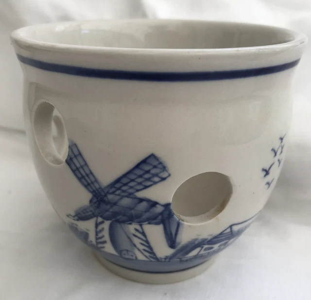 Crocus Planter, blue Delft-style hand-painted scenery with windmills and boats