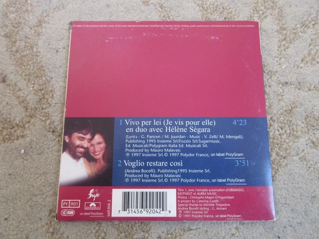 CD MUSIQUE 2 TITRES - Andréa BOCELLI Hélène SEGARA - Je VIS pour ELLE