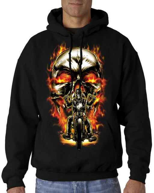 Velocitee Mens Hoodie Chopper Biker Rider With Skull & Flames Motorcycle A22590