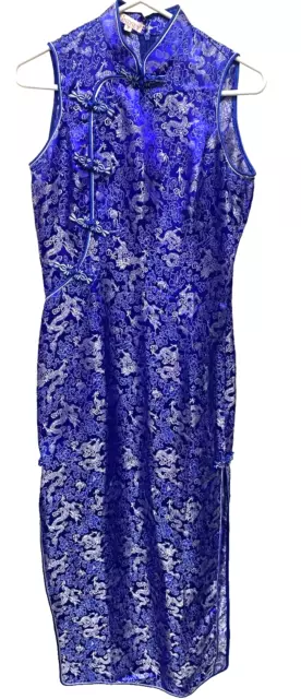 Lindsey Lohen Silk Traditional Asian Chinese Dress Mandarin Collar SZ SMALL Blue
