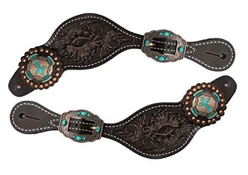 Showman Ladies Tooled Chocolate Leather Spur Straps w/ Vintage Cross Conchos