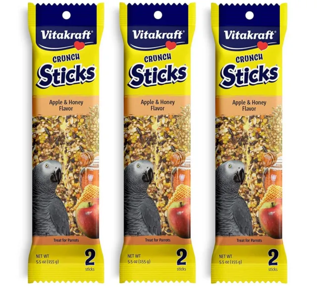 Vitakraft 3 Pack of Apple & Honey Crunch Sticks for Parrots, 2 Sticks Each
