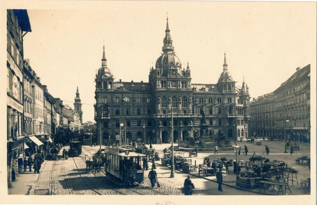 Foto AK  Steiermark Graz Hauptplatz mit Straßenbahn Markt ca. 1917