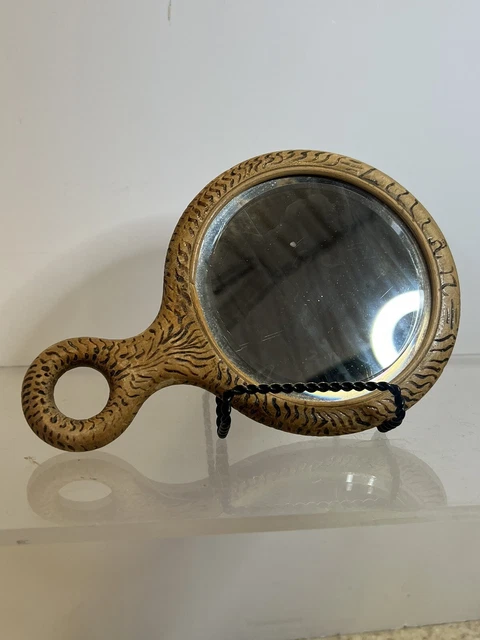 19th Century Pyrography Wood Hand Mirror Lillian Name Stag On Back