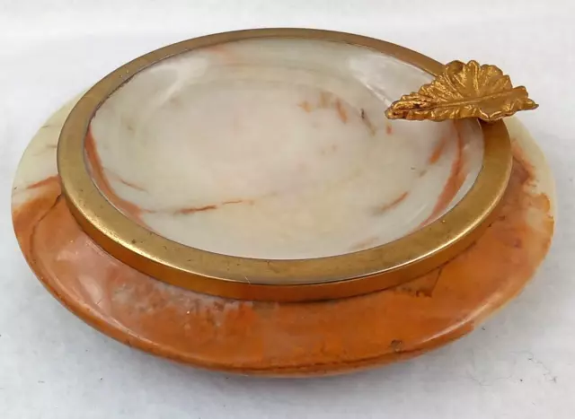 Vtg Deco Ashtray Trinket Dish Brass Marble Onyx Gold Leaf Stone Italy? MCM 4.25"