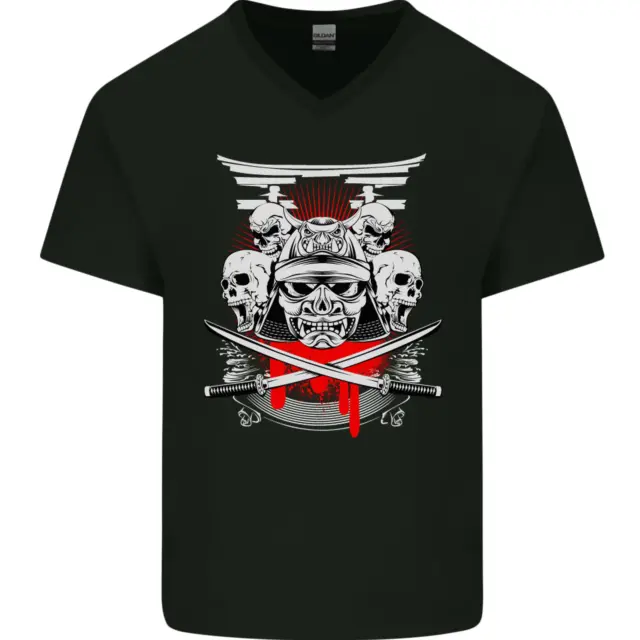Samurai Skulls Japan Martial Arts MMA Mens V-Neck Cotton T-Shirt