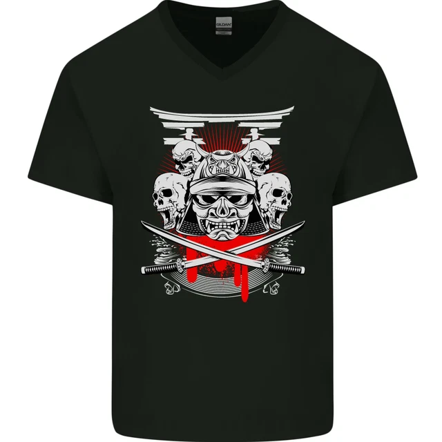 Samurai Skulls Japan Martial Arts MMA Mens V-Neck Cotton T-Shirt