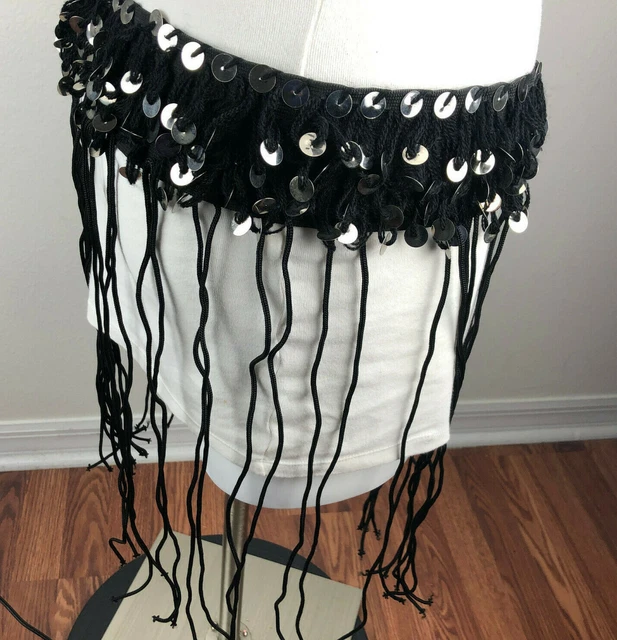 Belly Dance Women's Hip Stretch Belt Handmade In Morocco Black Mozuna Fringe