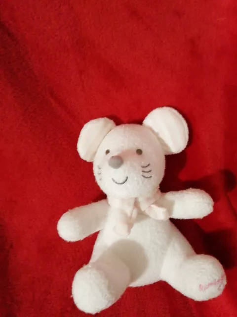 Doudou Luminou Jemini Souris Peluche Blanche Echarpe Oreille Rayée Rose