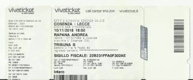 Biglietto Stadio Calcio Serie B 2018/19 Cosenza - Lecce  10/11/2018