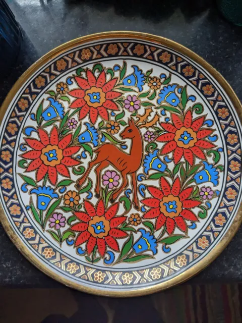 Decorative Wall Hanging Plate With Stag & Flowers 24k Gold Vintage Greek
