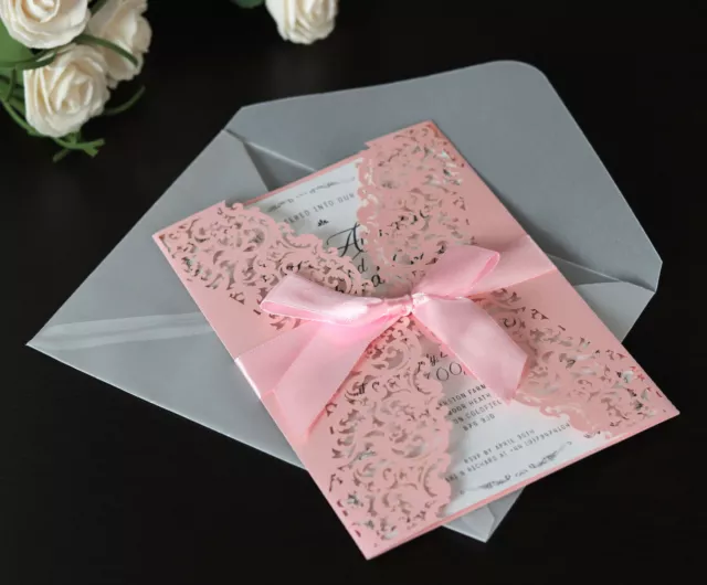 100x Laser Cut Hollow Wedding Business Invitation Card with Envelope and Bow Tie