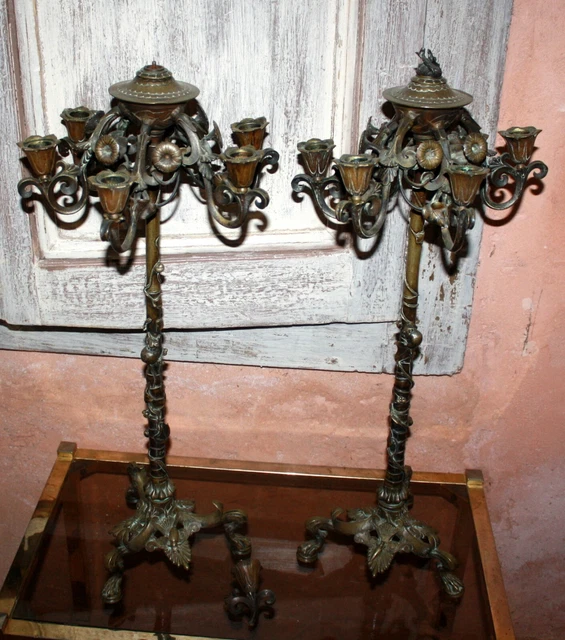 SIGNÉ CAIN Paire de chandelier naturaliste bronze  ART NOUVEAU CANDÉLABRE  XIX *
