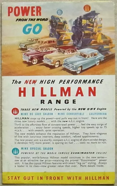HILLMAN RANGE Car Sales Brochure 1950s MINX SALOON Convertible CALIFORNIAN