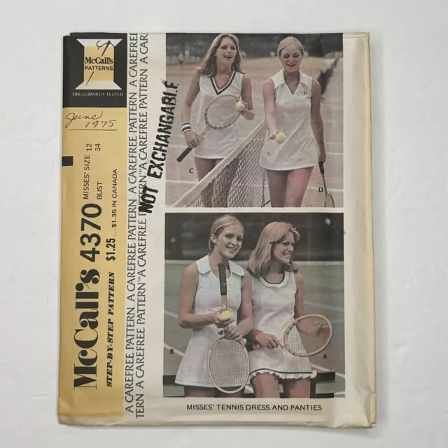 1970s McCalls UNCUT Sewing Pattern 4370 Misses Tennis Dress and Panties Size 12