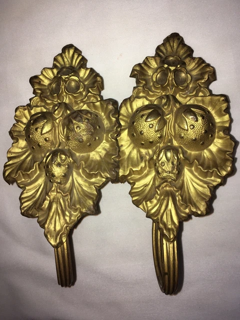 Pair￼ Antique Pressed Brass Curtain / Drape Tie-Backs, 7.5” H. Strawberry Design