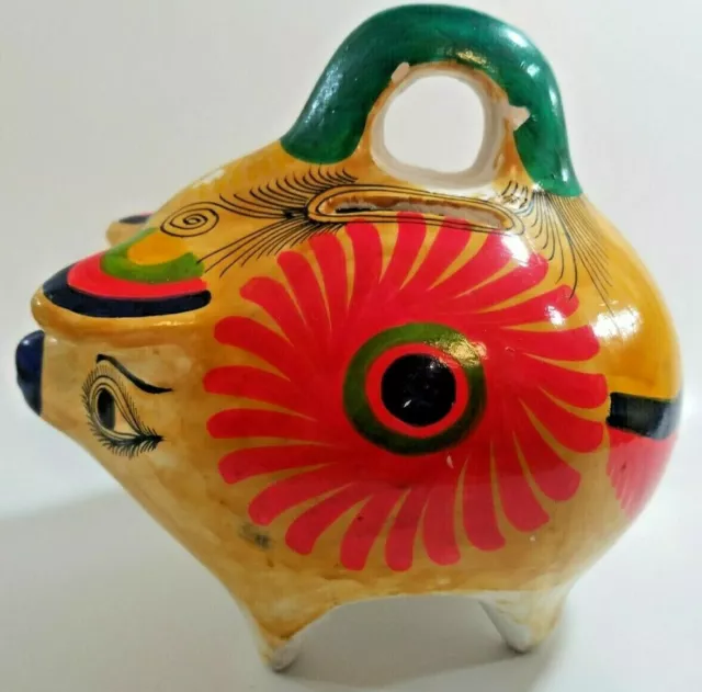 Vintage Mexican Folk Art Pig Piggy Penny Coin Bank Still Colorful Flower 7" Tall 3