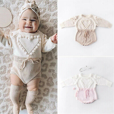 Newborn Infant Baby Girl Knitted Romper Bodysuit Outfits Lovely Heart Sweater
